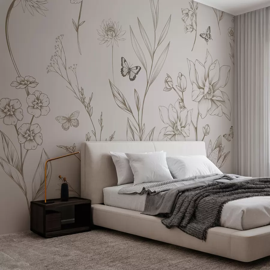 Fototapetes Boho vienkrāsaini ziedi un tauriņi bēšā krāsā w08088v1