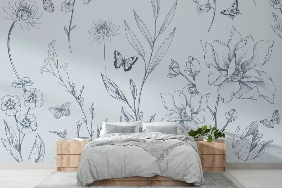 Fototapetes Boho vienkrāsaini ziedi un tauriņi zilā krāsā w08088v2