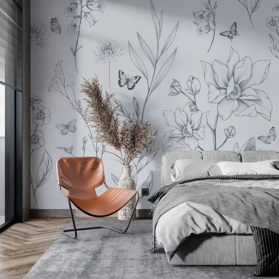Fototapetes Boho vienkrāsaini ziedi un tauriņi zilā krāsā w08088v2