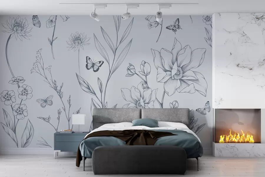 Fototapetes Boho vienkrāsaini ziedi un tauriņi zilā krāsā w08088v2