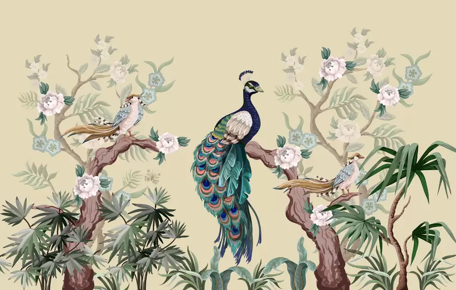 Fototapetes pāvs uz koka, bēšs fons w08168