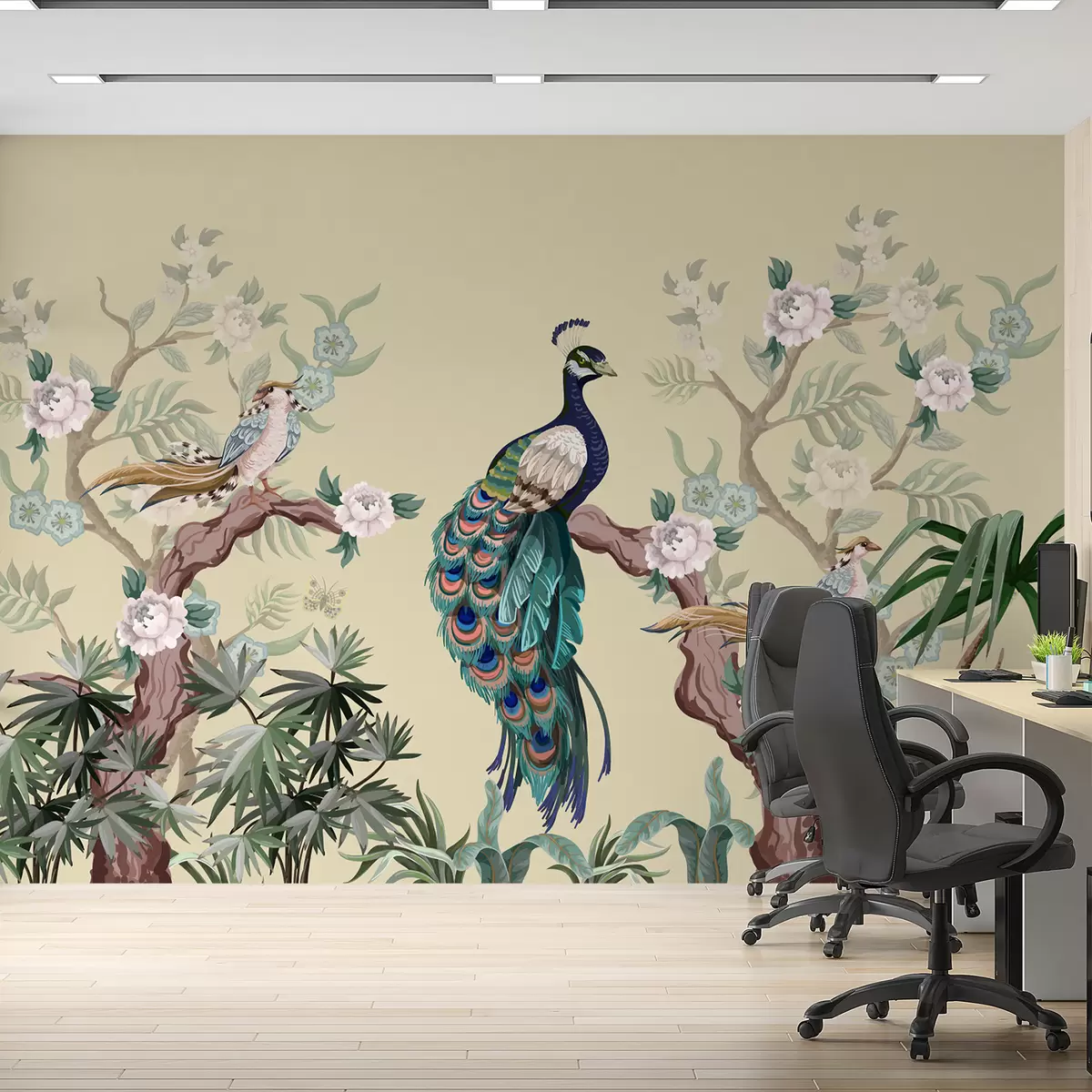 Fototapetes pāvs uz koka, bēšs fons w08168