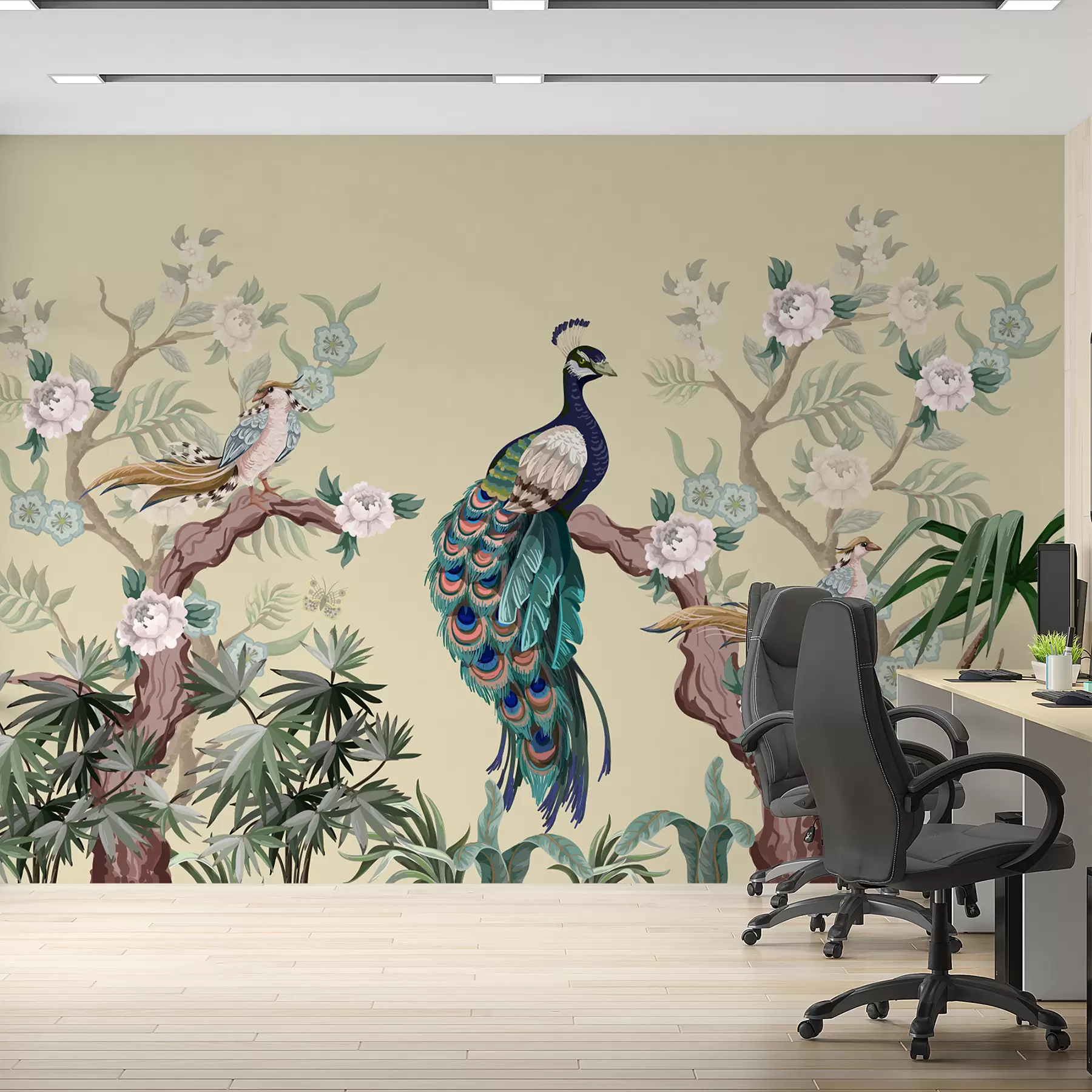 Fototapetes pāvs uz koka, bēšs fons w08168