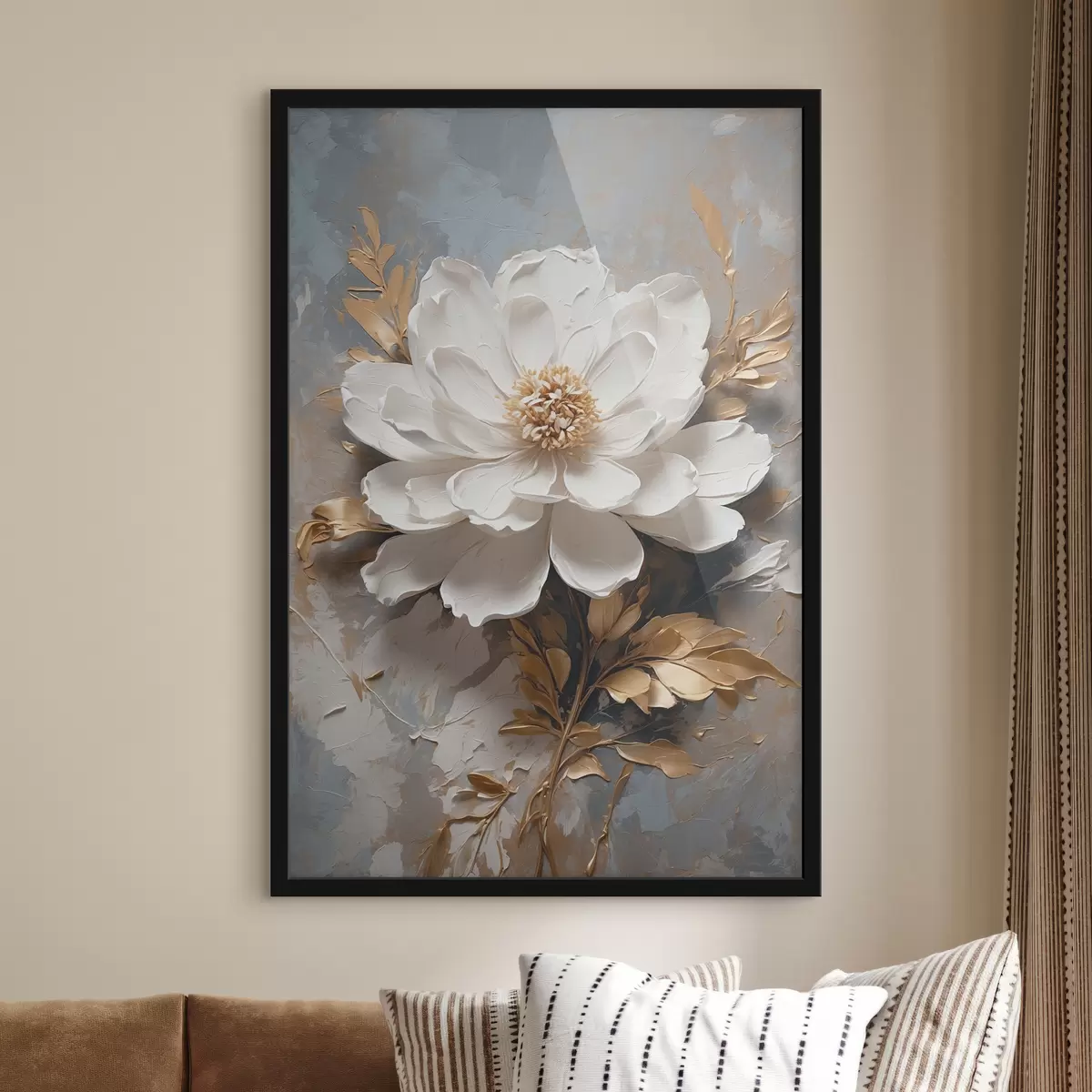 Plakāts Balts zieds ar  kātiem uz abstrakta fona f39865