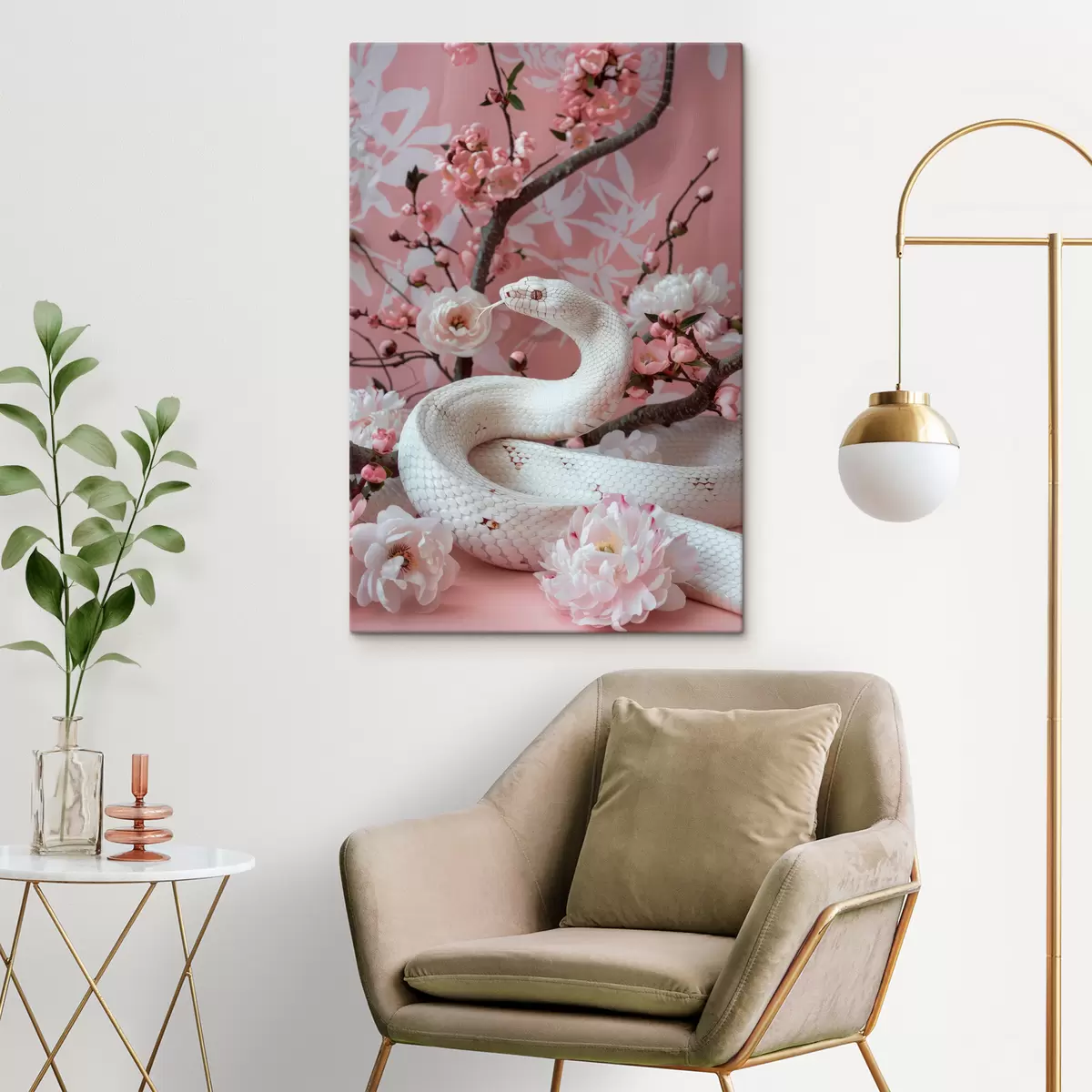 Glezna Balta čūska un rozā ziedi s39941