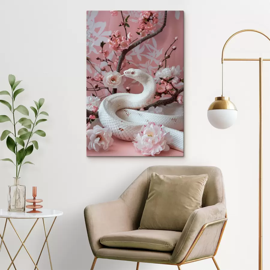 Glezna Balta čūska un rozā ziedi s39941
