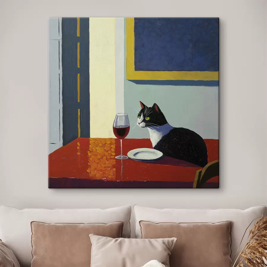 Glezna Kaķis un vīna glāze s39913