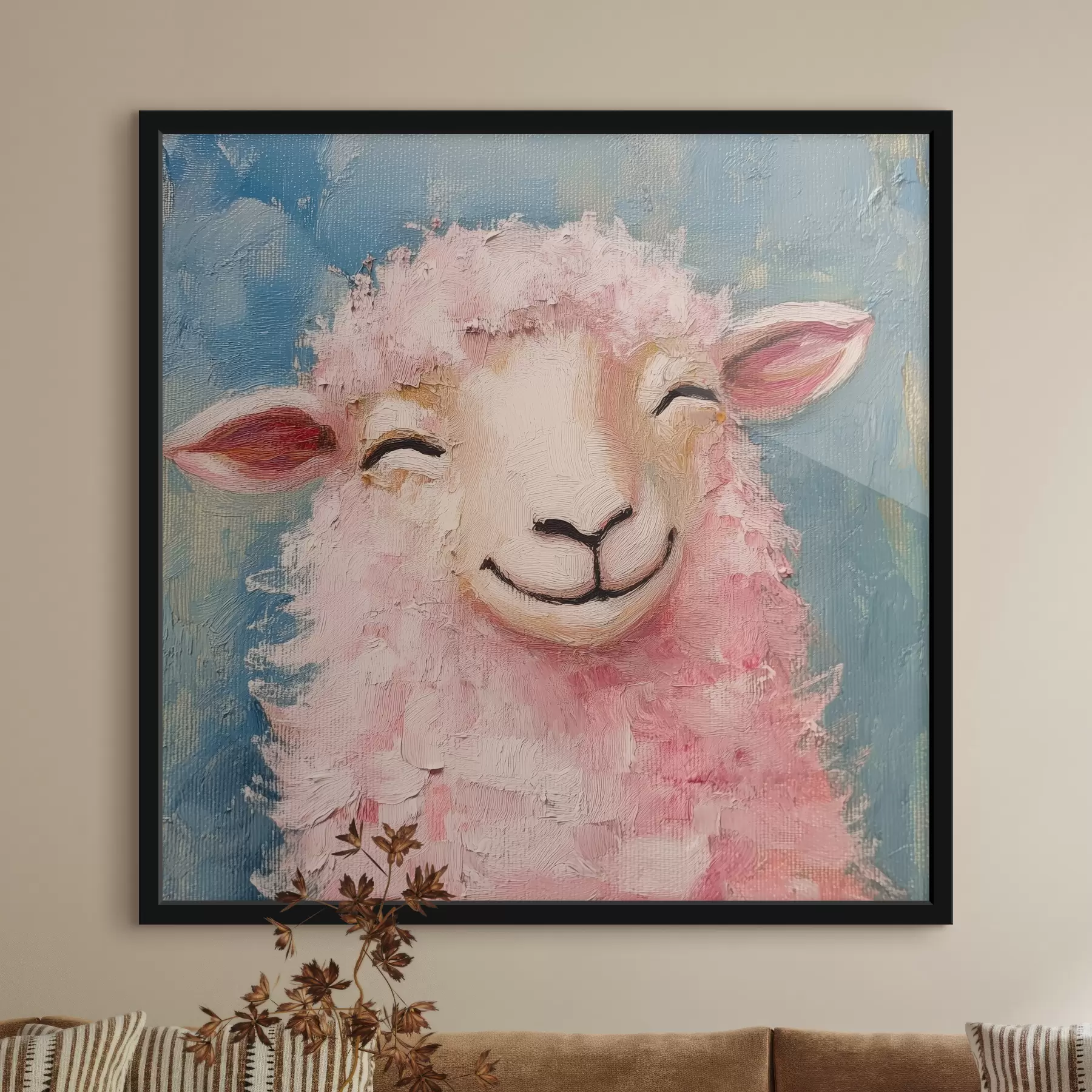 Glezna Jautrs auns ar rozā vilnu f39911