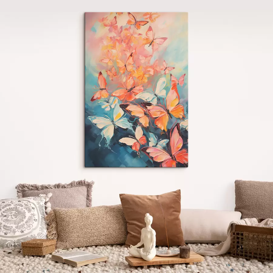 Glezna Tauriņu bars, kas lido uz zilas eļļas gleznas s39922