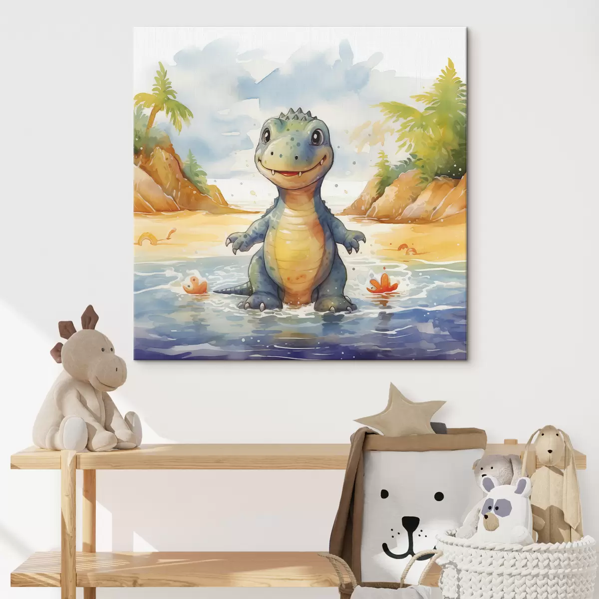 Glezna Dinozaurs upē uz kalnu un papardes akvareļa fona s39930