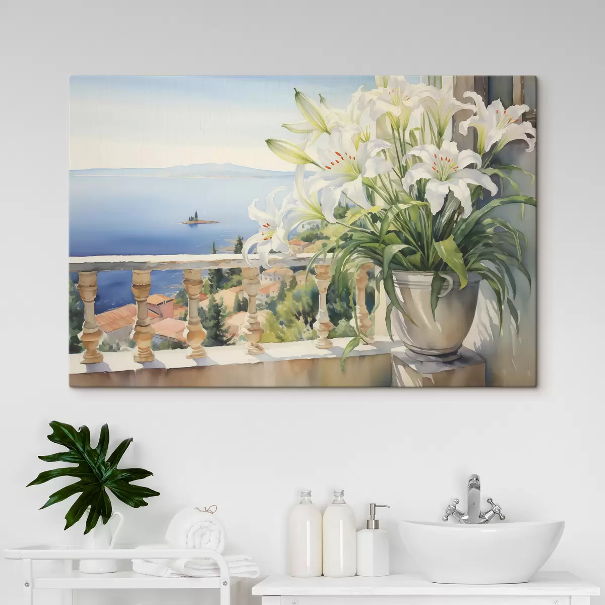 Glezna Baltas lilijas podiņā uz balkona uz līča akvareļa fona s39932