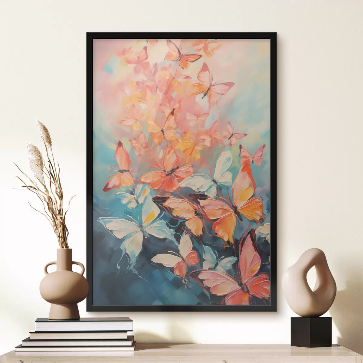 Plakāts Tauriņu bars, kas lido uz zilas eļļas gleznas f39922