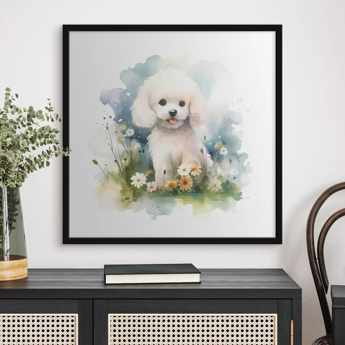 Plakāts Mazs balts pūdelis sēž ziedu akvarelī f39928