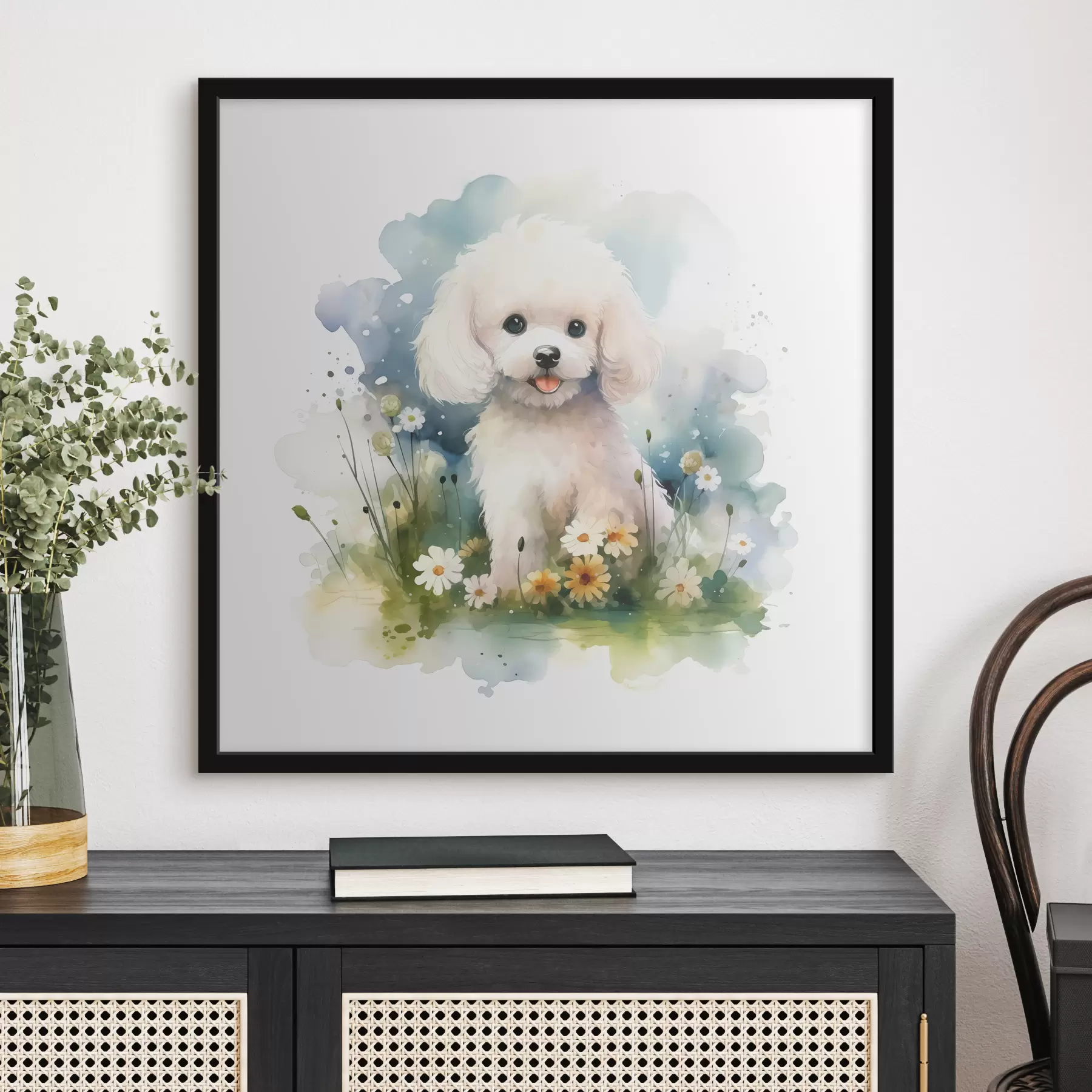 Fototapetes Mazs balts pūdelis sēž ziedu akvarelī f39928