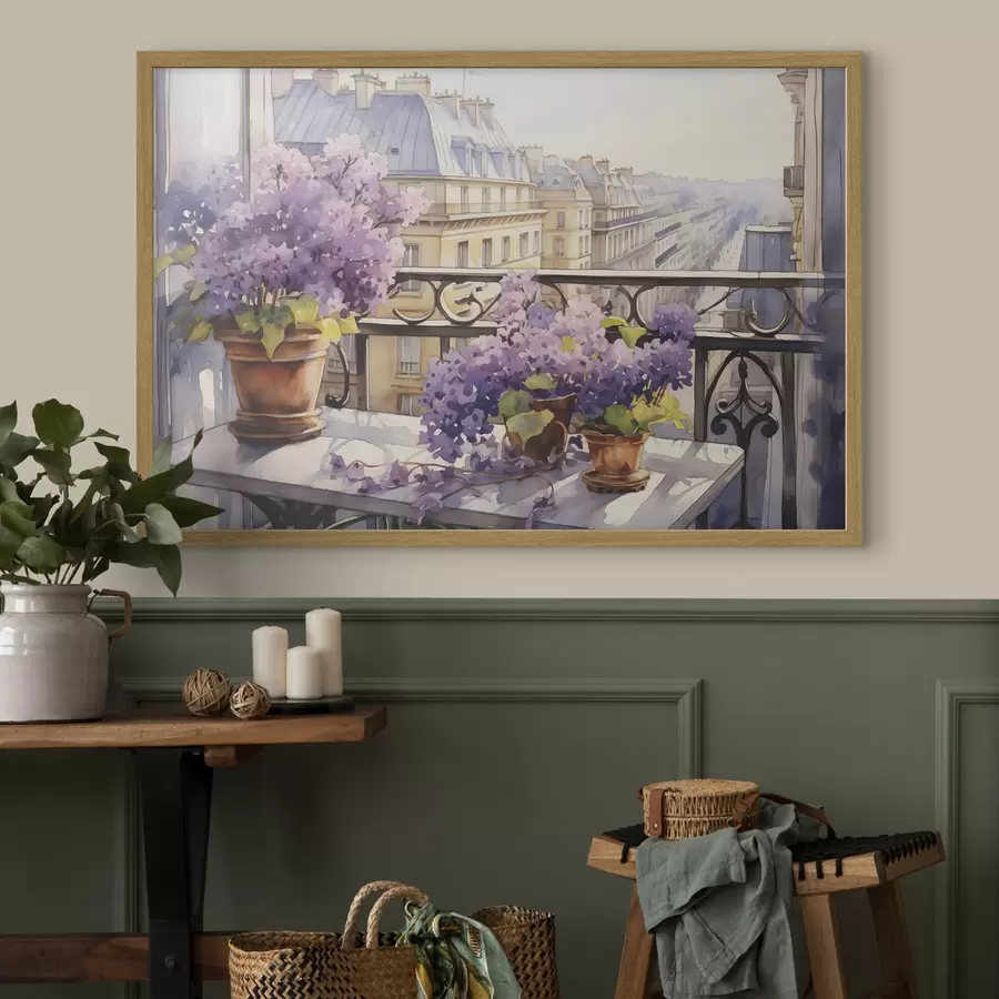 Fototapetes Violetas podiņā uz balkona Parīzes akvarelī f39931