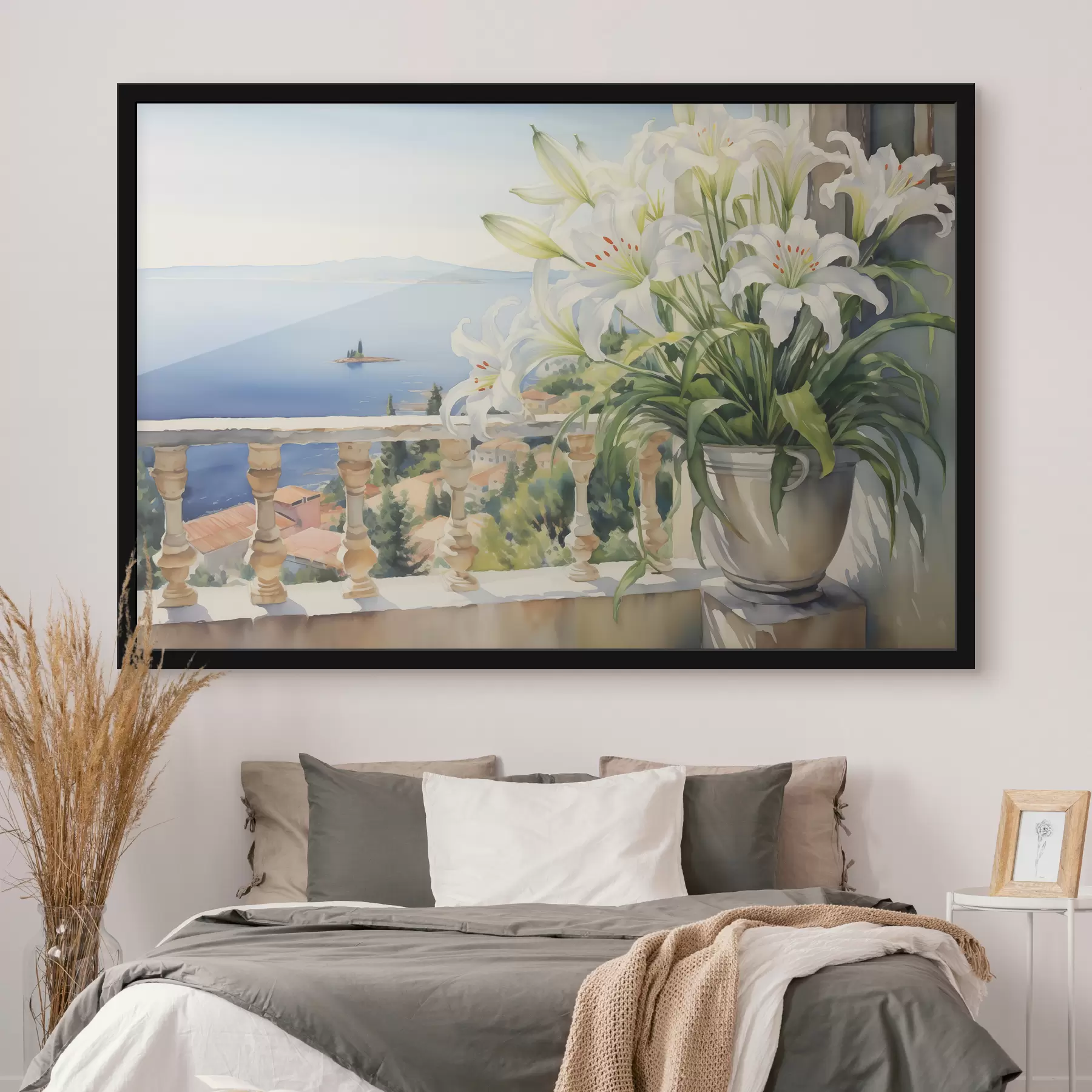 Fototapetes Baltas lilijas podiņā uz balkona uz līča akvareļa fona f39932