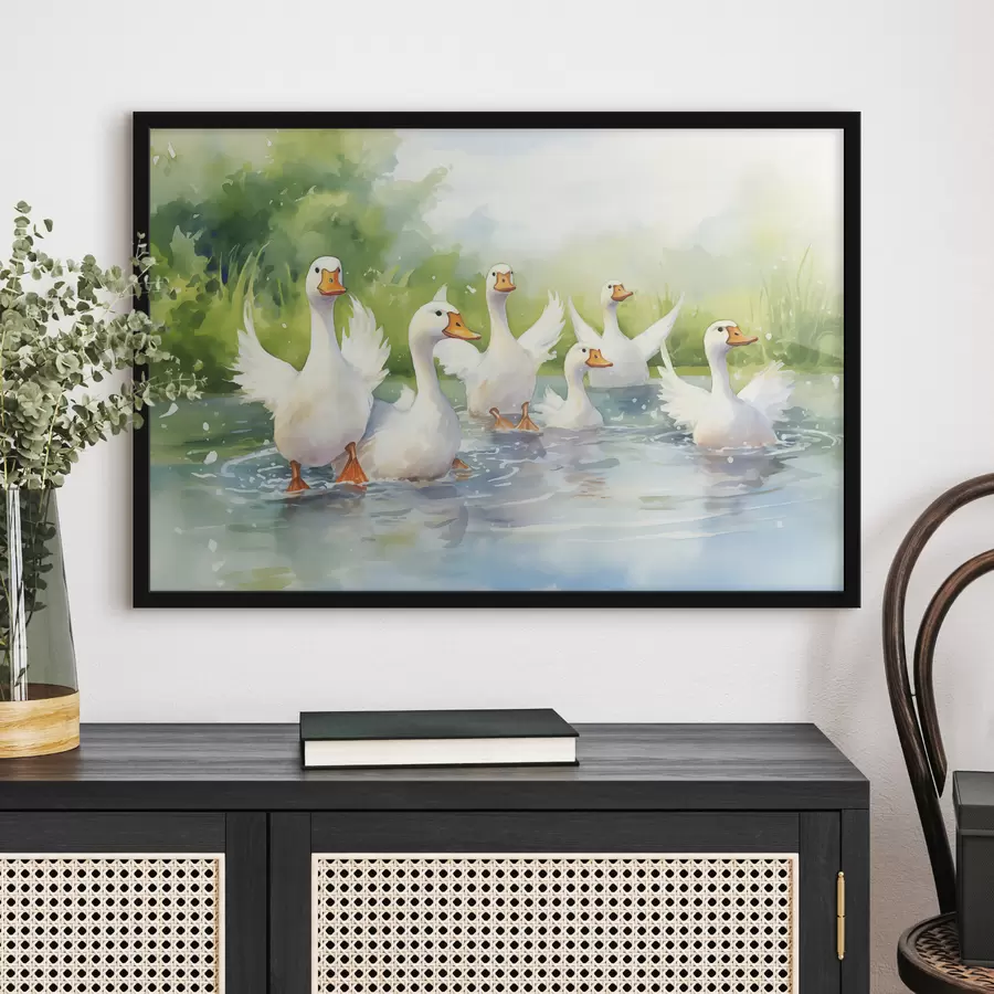 Fototapetes Baltās zosis peldējas dīķī akvareļgleznā f39939