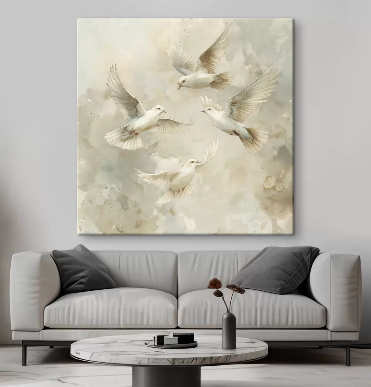 Glezna Akvareļu lidojošie putni, maigi bēša un balta krāsa, baloži  s39976