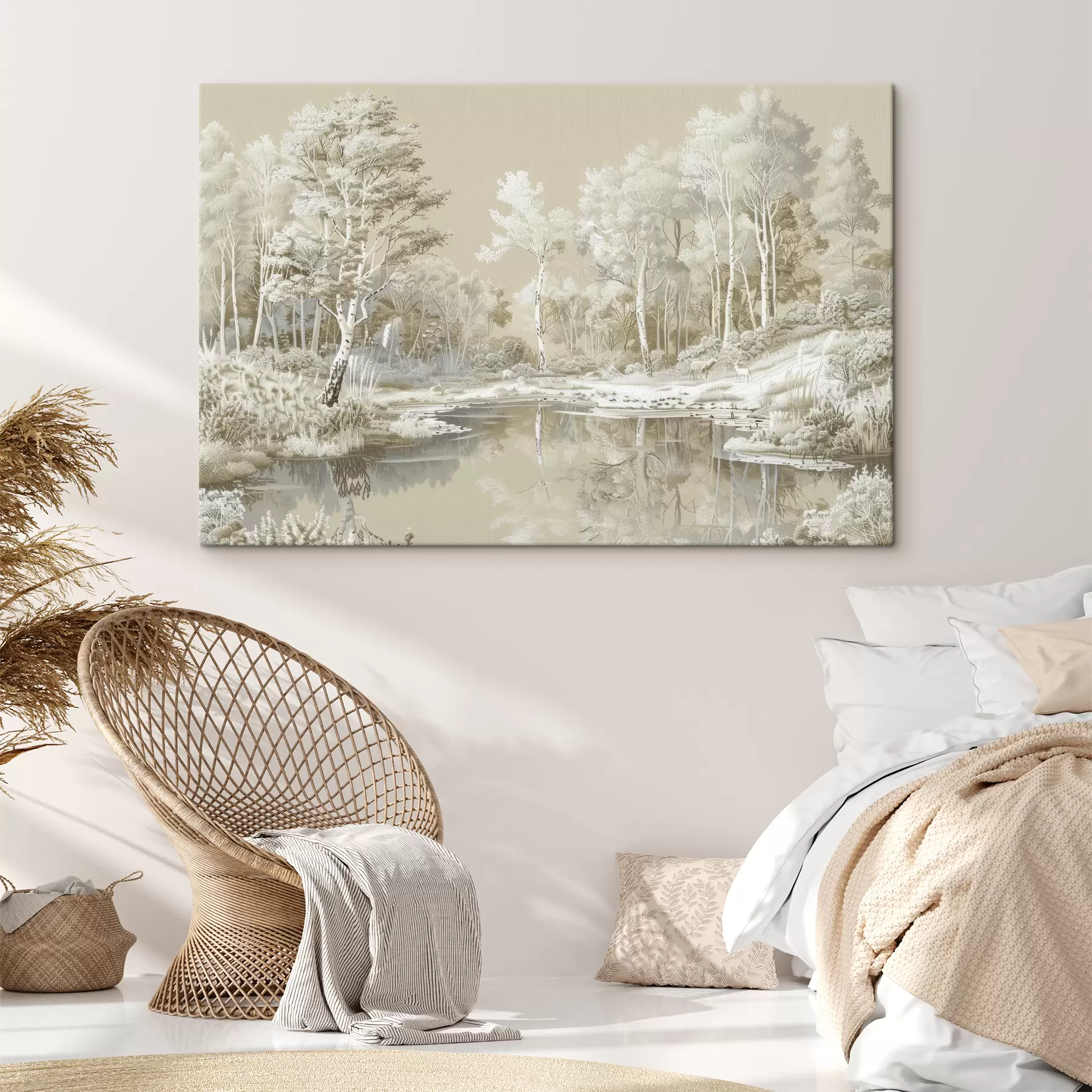 Fototapetes Skaista meža ainava, dīķis un koki, bēšā un baltā krāsā s39979