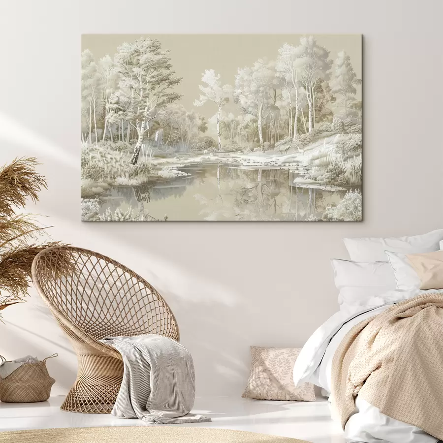 Glezna Skaista meža ainava, dīķis un koki, bēšā un baltā krāsā s39979