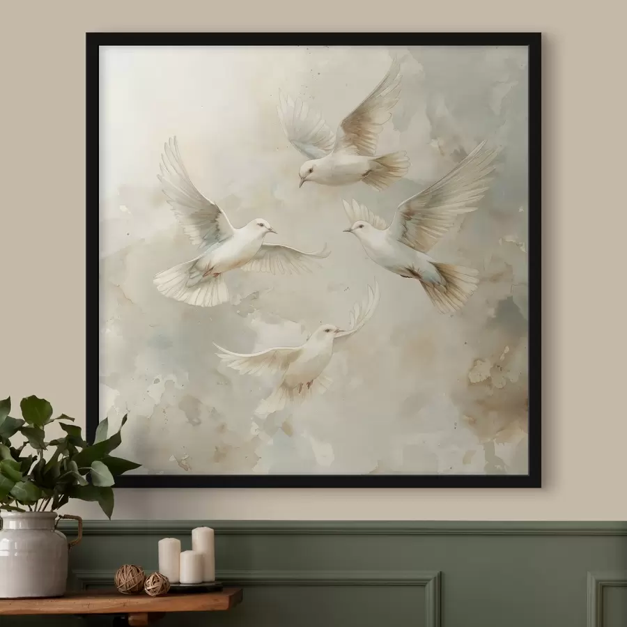 Glezna Akvarelis, lidojoši putni, maigas smilškrāsas un baltas krāsas, baloži f39976
