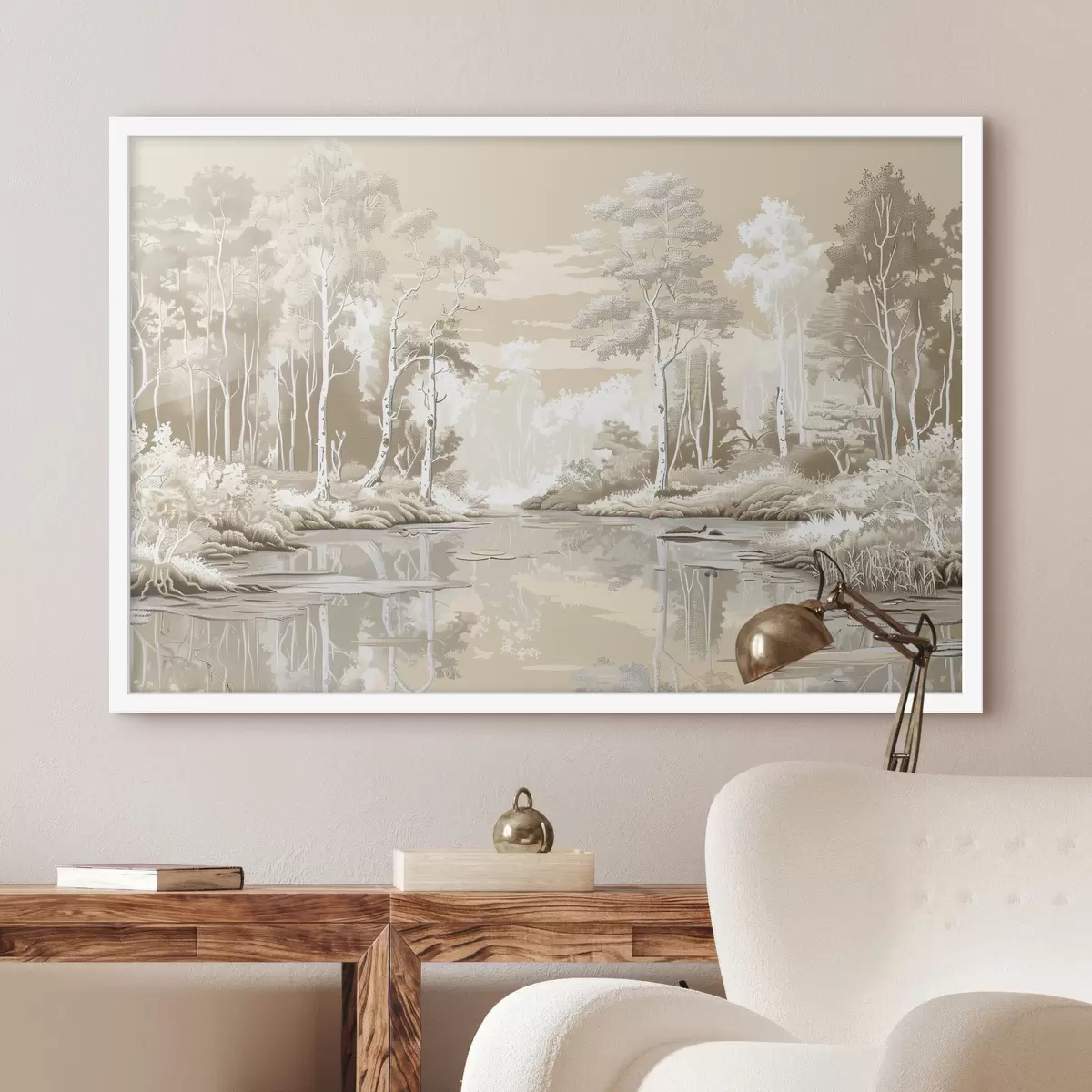 Plakāts Skaista meža ainava, maigas pasteļkrāsas, bēša un balta f39978