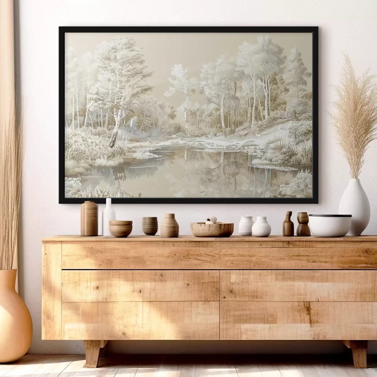 Plakāts Skaista meža ainava, dīķis un koki, bēšā un baltā krāsā f39979