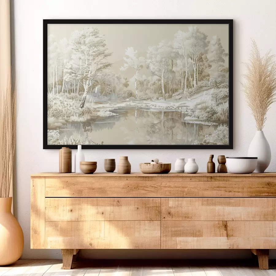 Fototapetes Skaista meža ainava, dīķis un koki, bēšā un baltā krāsā f39979