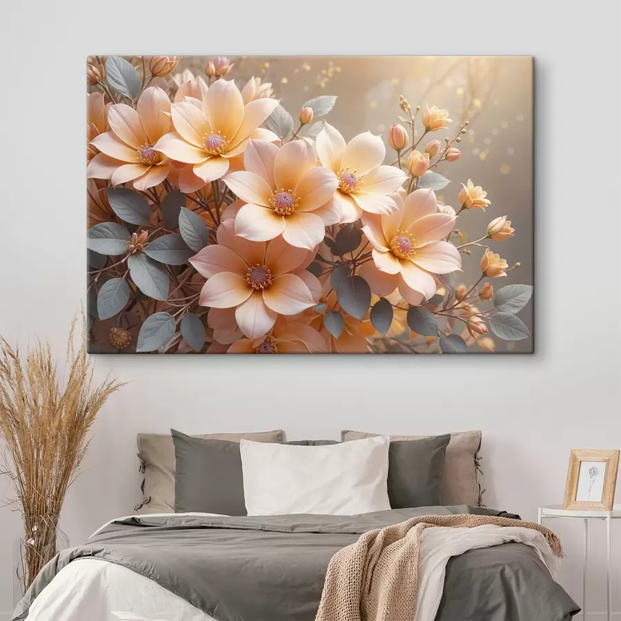 Glezna Maigi persiku krāsas dāliju ziedi pilnā ziedā ar maigām ziedlapiņām uz neskaidra fona  s40024