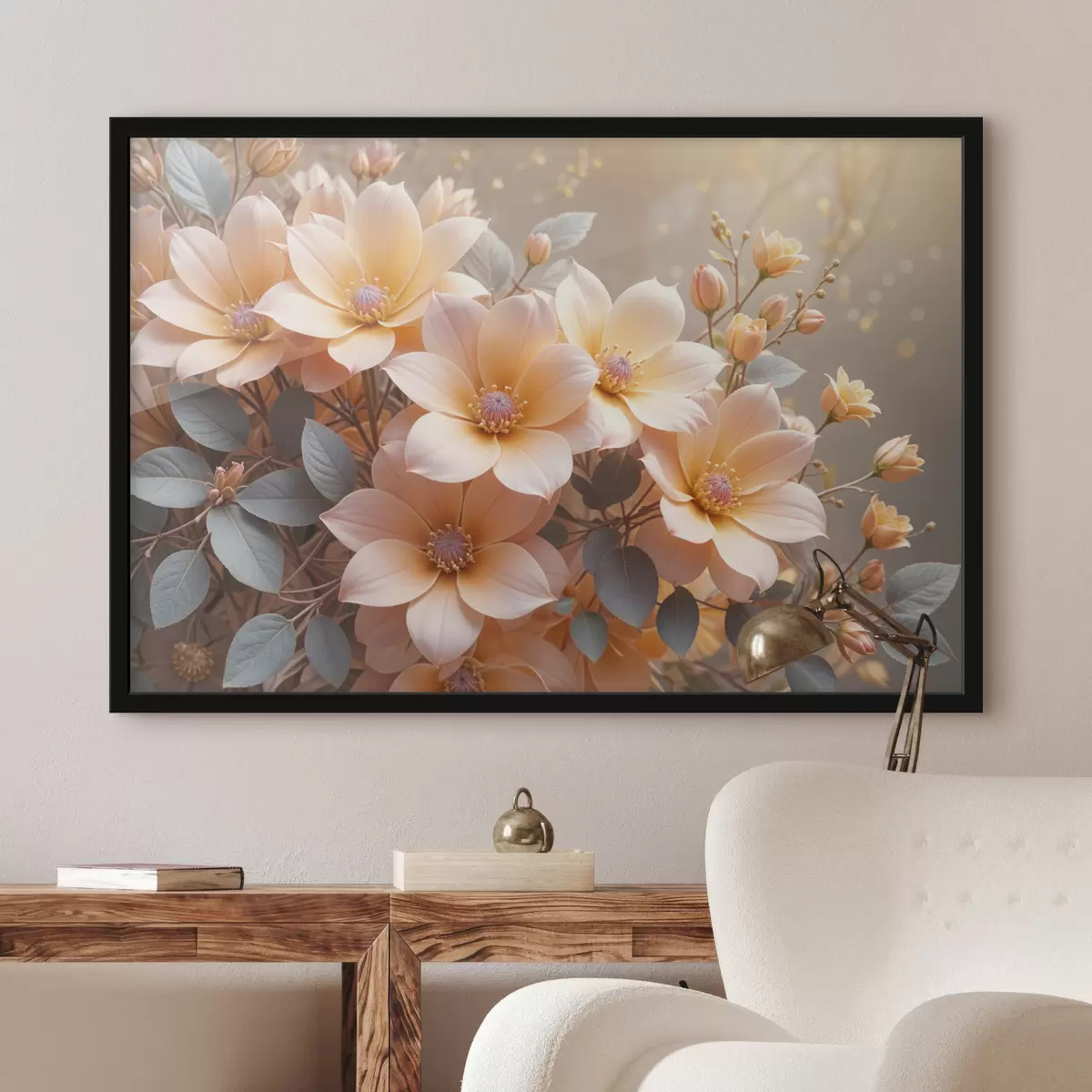 Plakāts Maigi persiku krāsas dāliju ziedi pilnā ziedā ar maigām ziedlapiņām uz neskaidra fona f40024