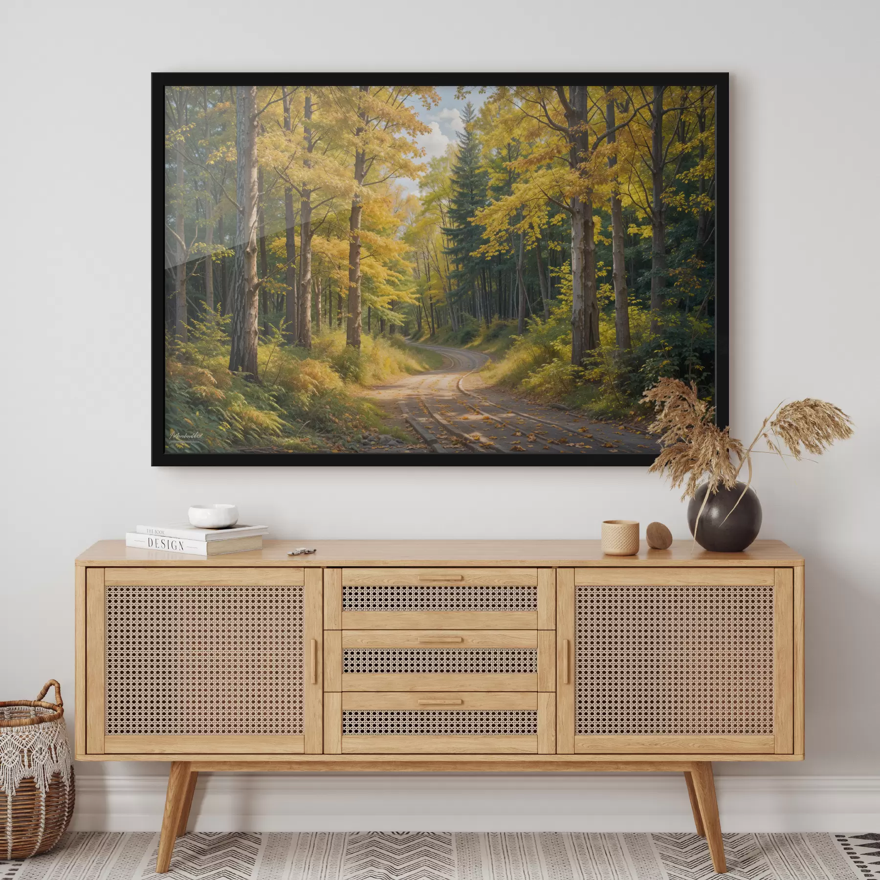 Fototapetes Rudenī cauri mežam vijas zemes ceļš, abās pusēs augsti koki f40031