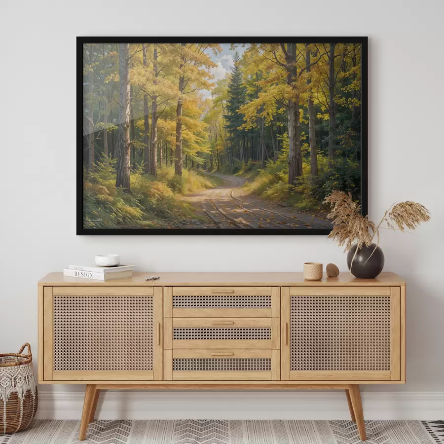 Fototapetes Rudenī cauri mežam vijas zemes ceļš, abās pusēs augsti koki f40031