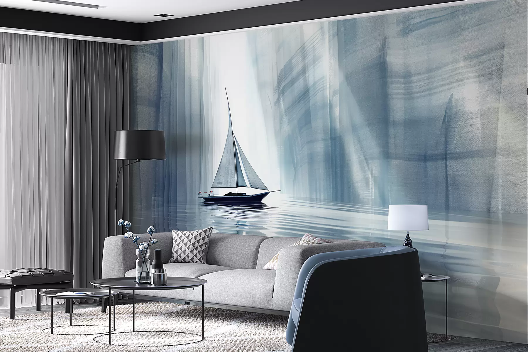 Fototapetes Laiva uz ūdens futūristiskā stilā ar zilām krāsām w01338