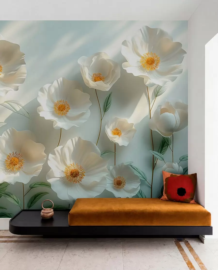 Fototapetes Baltas magones pie sienas ar saules gaismu un 3D efektu w01339