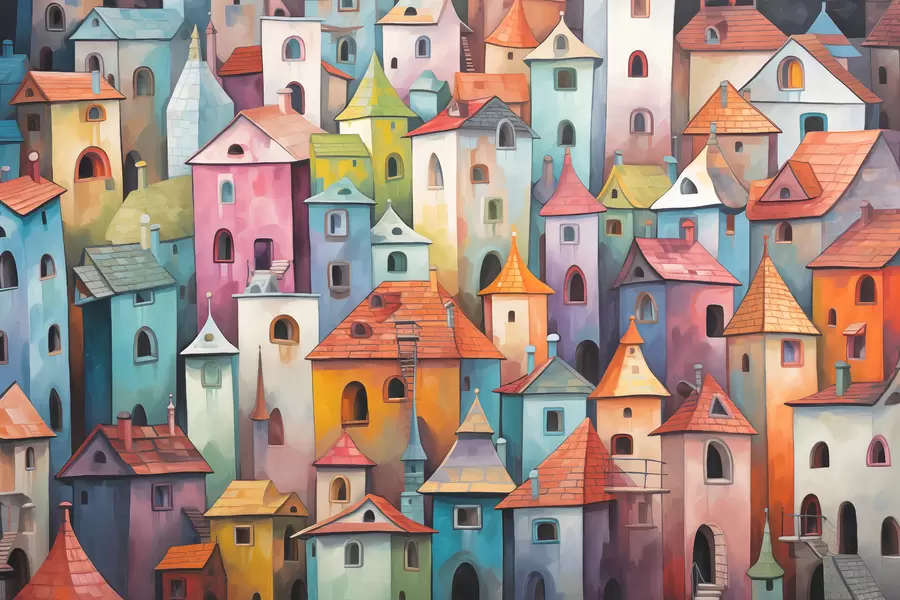 Fototapetes Krāsainas košas mājas imitācijas gleznojums ar otas triepieniem w00946