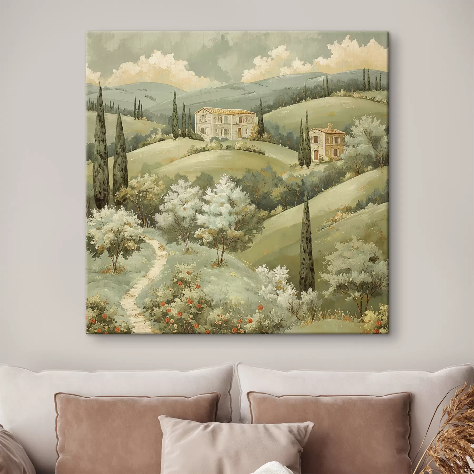 Fototapetes Ainava ar vintage mājām, pasteļzaļās krāsas, akrila zīmējums, vasara s40078