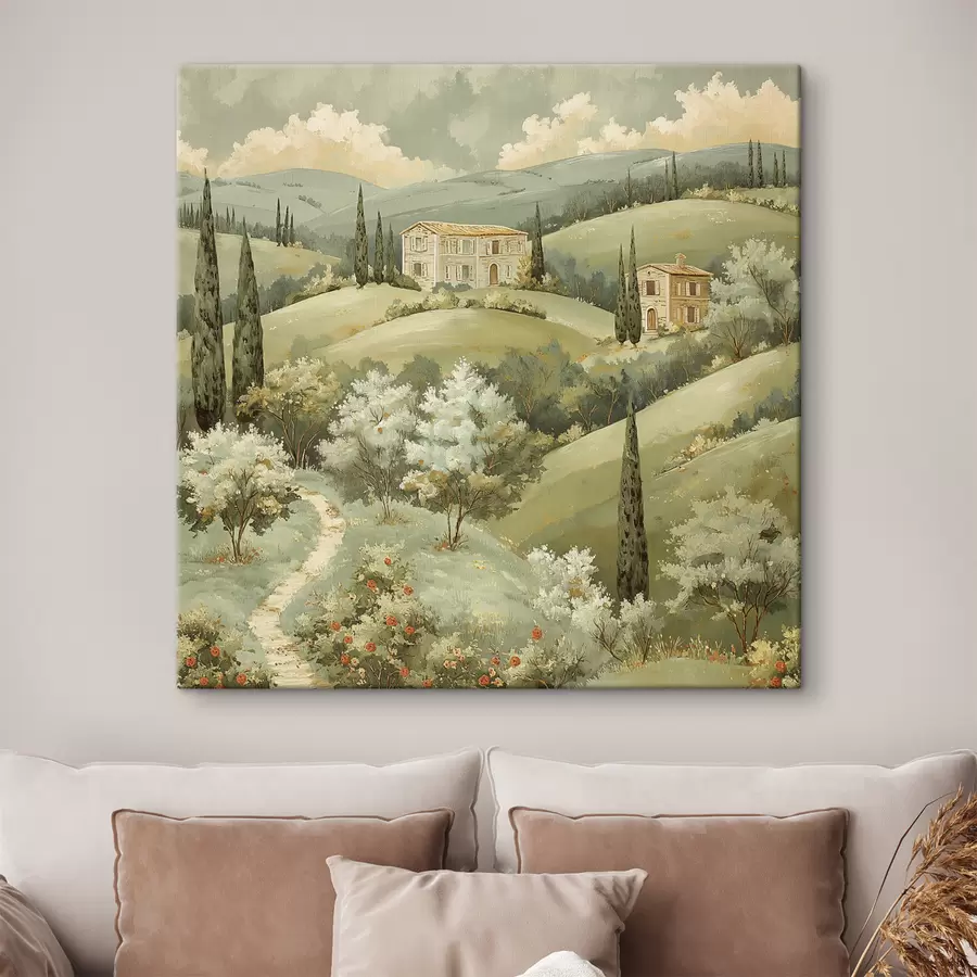 Glezna Ainava ar vintage mājām, pasteļzaļās krāsas, akrila zīmējums, vasara s40078