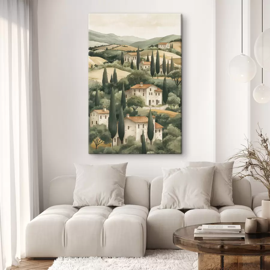 Glezna Toskānas ainava ar senlaicīgām mājām, pasteļtoņos, pakalniem un kokiem, zemniecisks s40082