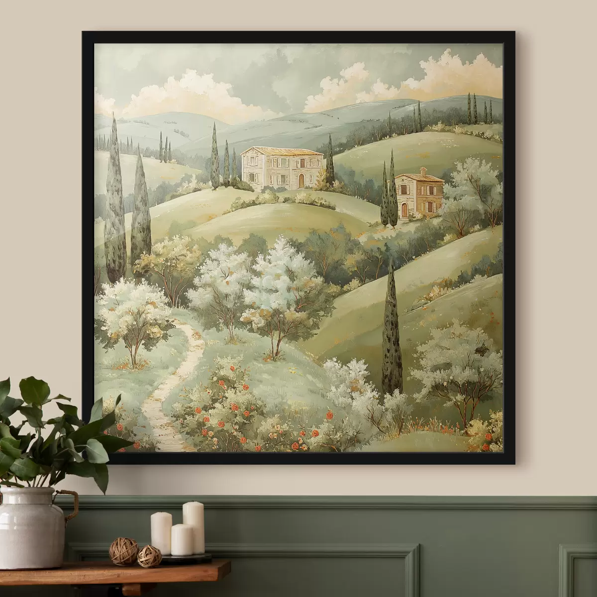 Plakāts Ainava ar vintage mājām, pasteļzaļās krāsas, akrila zīmējums, vasara f40078