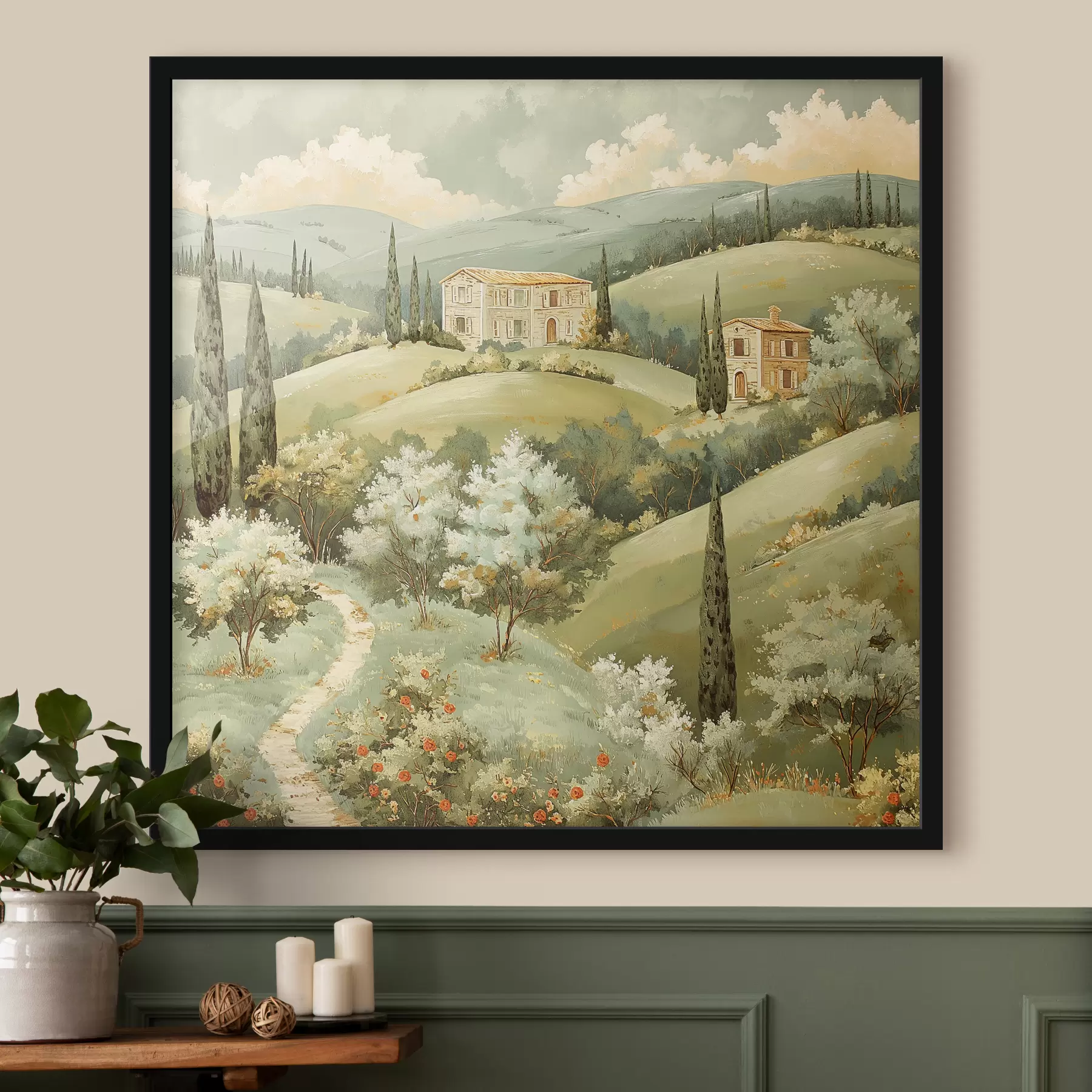 Glezna Ainava ar vintage mājām, pasteļzaļās krāsas, akrila zīmējums, vasara f40078