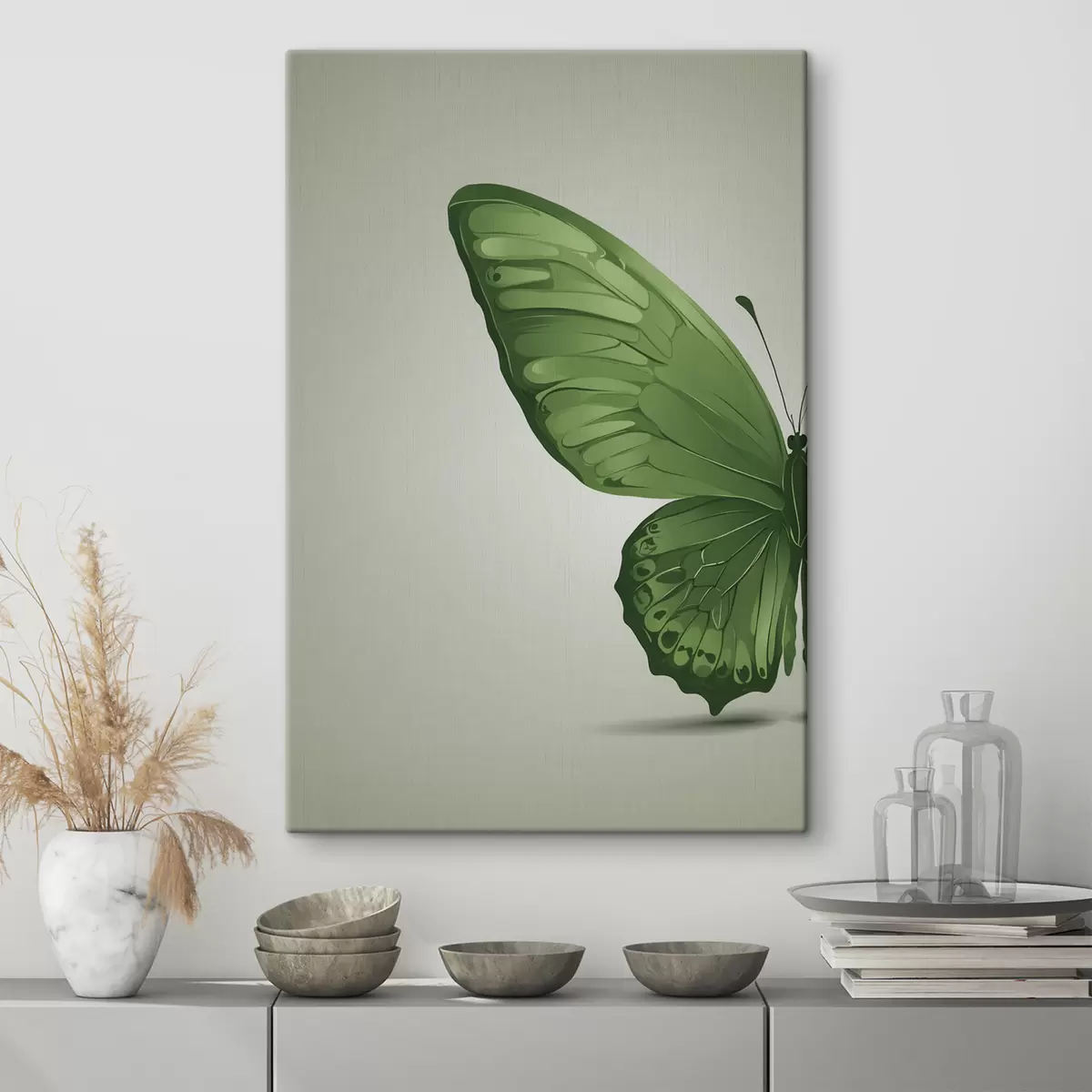 Glezna Zaļa tauriņa kreisais spārns uz balta fona s40062