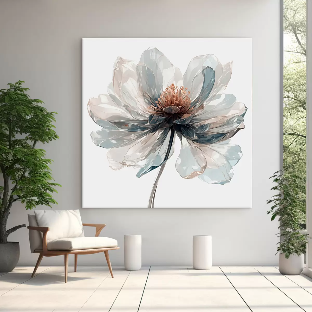 Glezna Caurspīdīgs zils zieds uz balta fona s40067