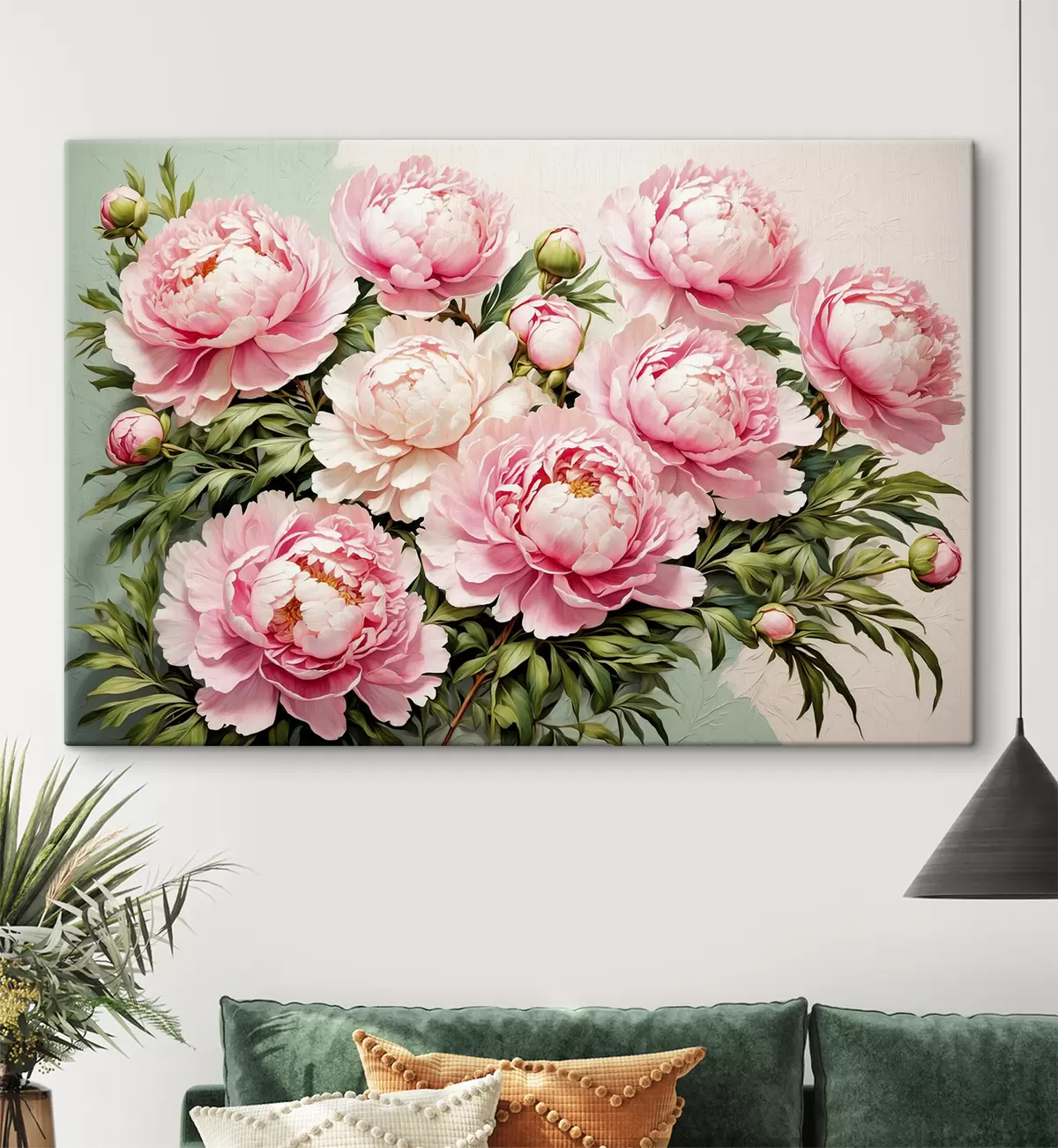 Glezna Rozā ziedi un lapas uz zili balta fona s40074