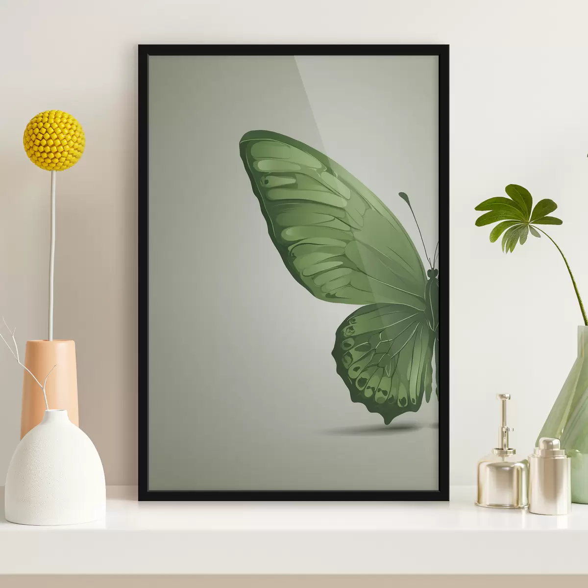 Plakāts Zaļa tauriņa kreisais spārns uz balta fona f40062