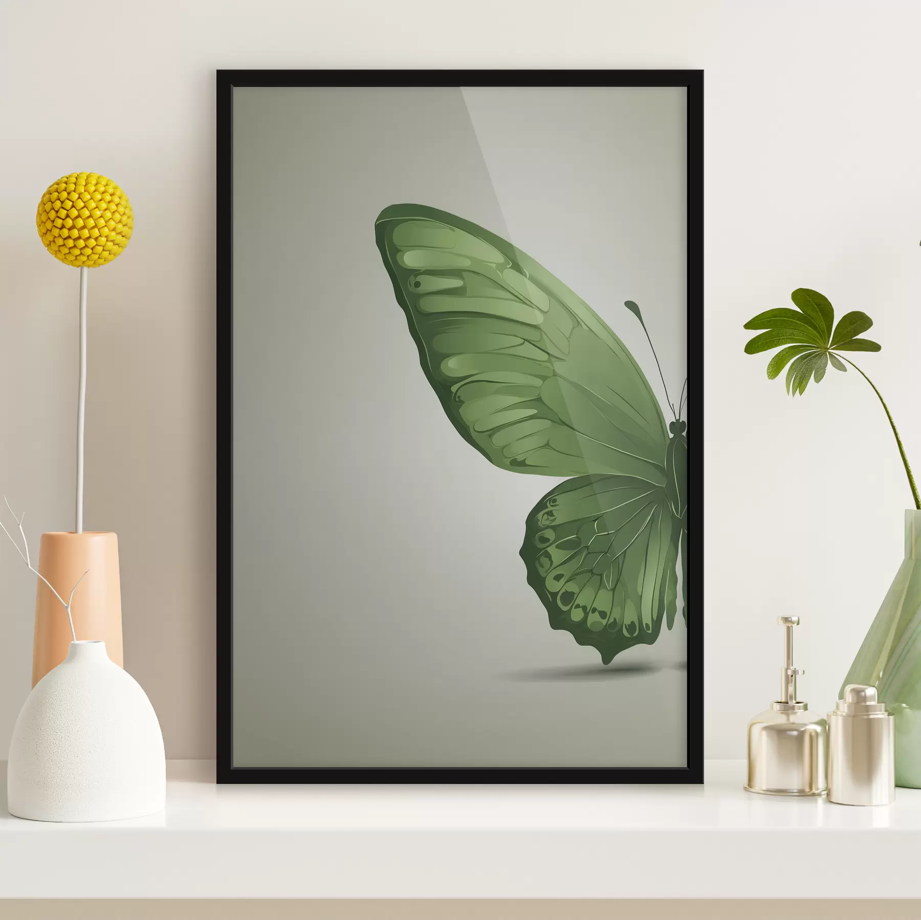 Glezna Zaļa tauriņa kreisais spārns uz balta fona f40062