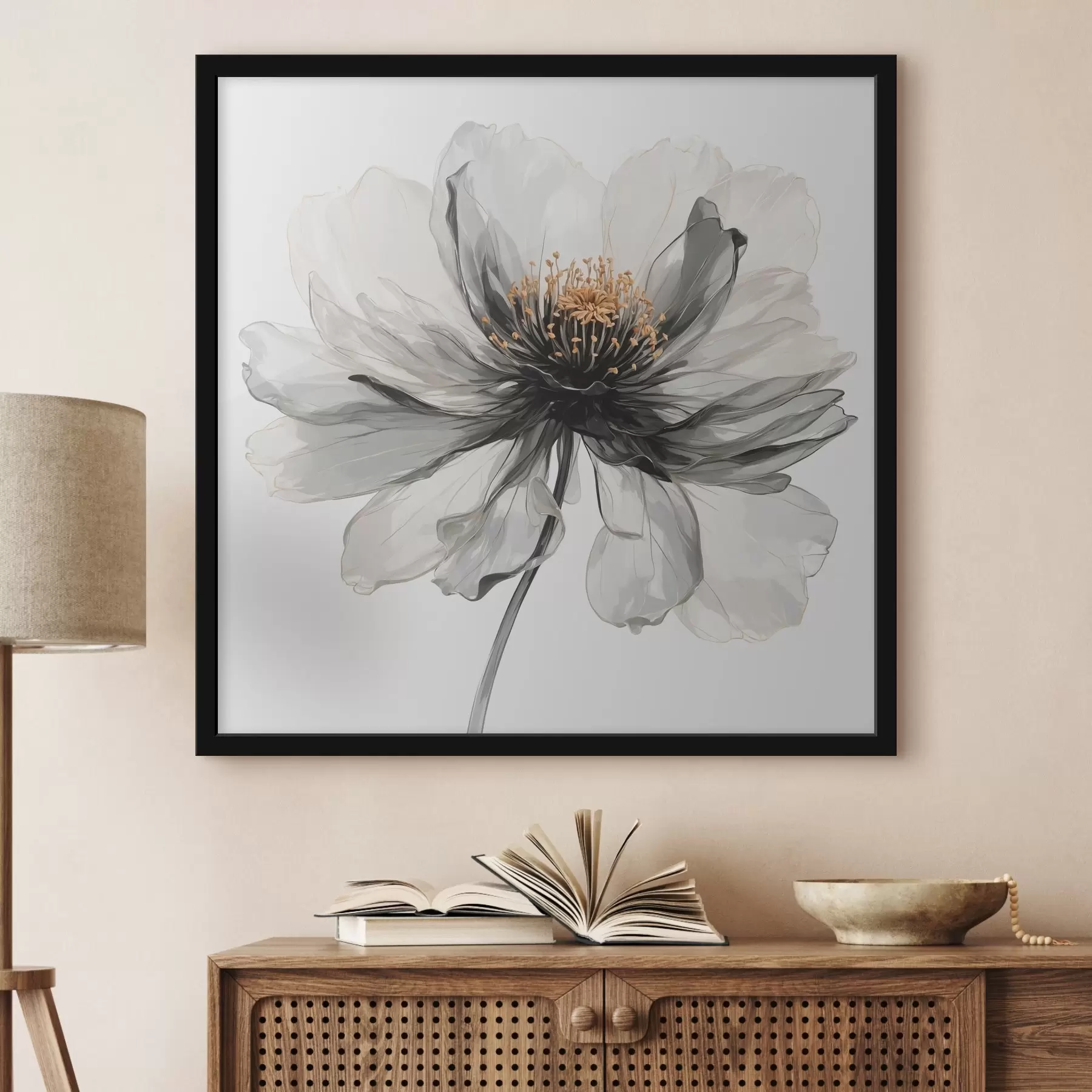 Fototapetes Caurspīdīgs melns zieds uz balta fona f40066