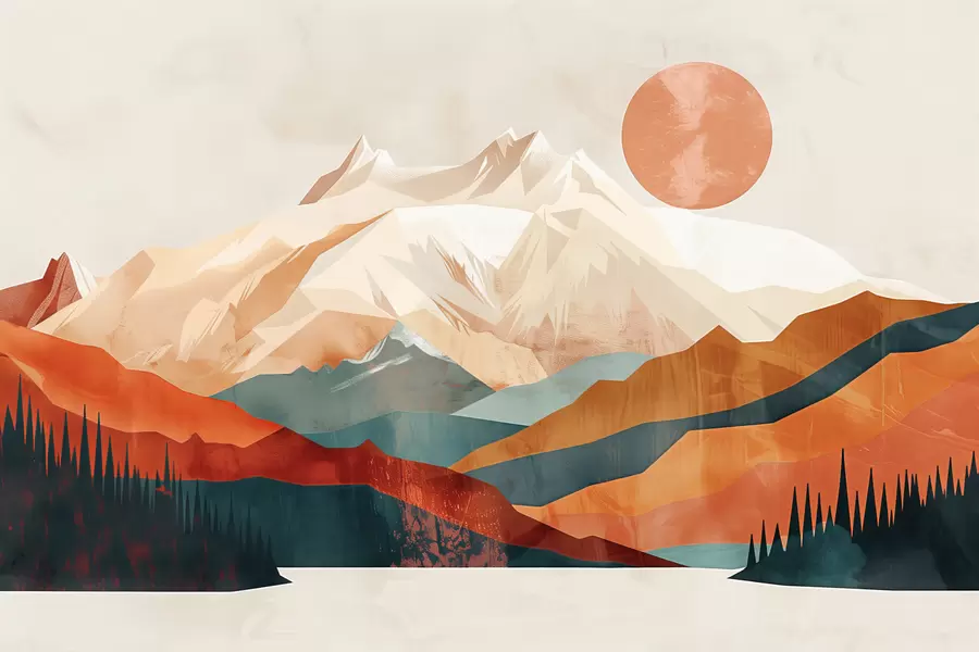 Fototapetes Boho svētlaime: rāma kalnu, koku un saules ainava w01358