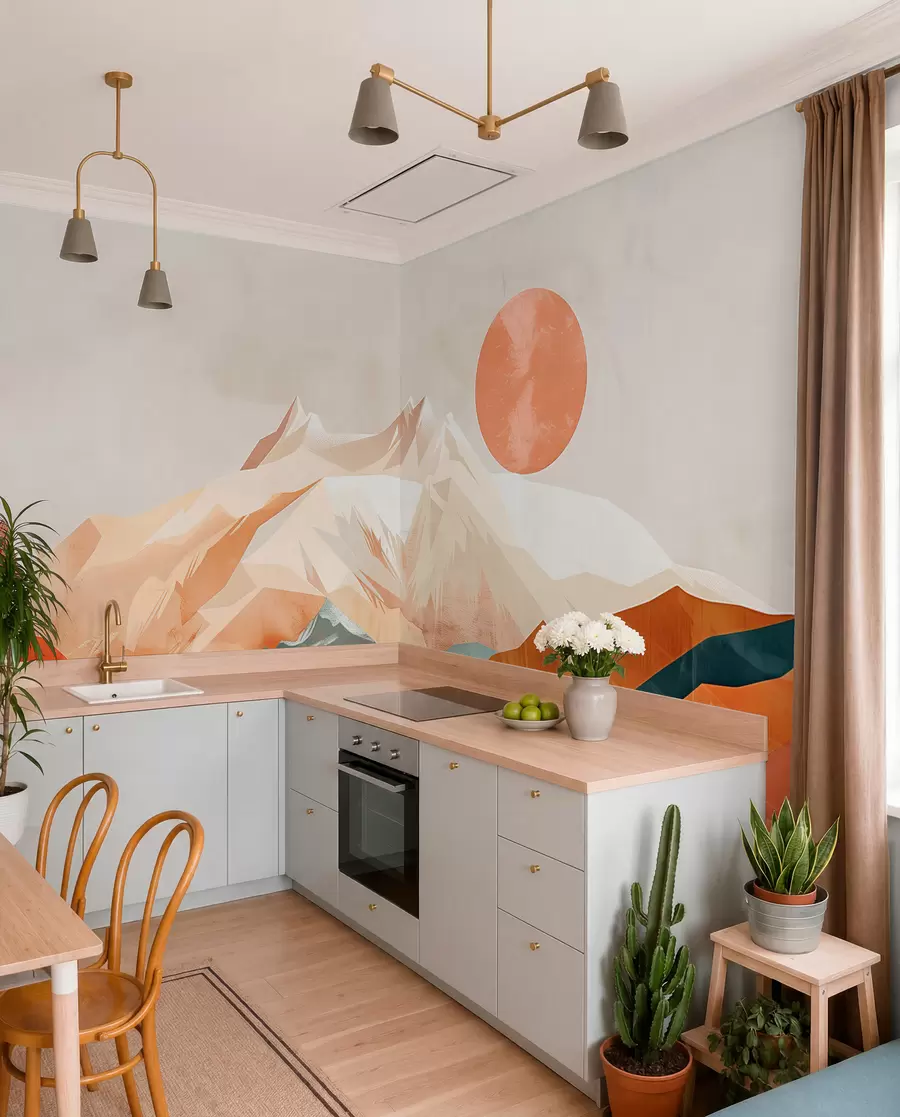 Fototapetes Boho svētlaime: rāma kalnu, koku un saules ainava w01358