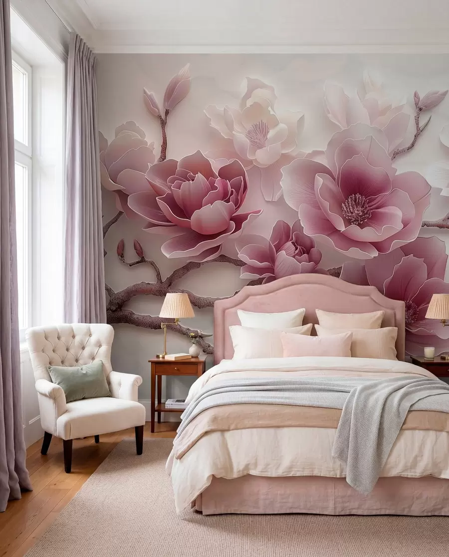 Fototapetes Rozā reljefi magnolijas ziedi uz gracioza zara w01359v2