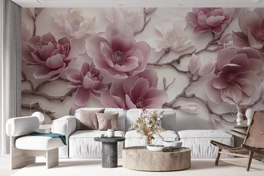 Fototapetes Rozā reljefi magnolijas ziedi uz gracioza zara w01359v2